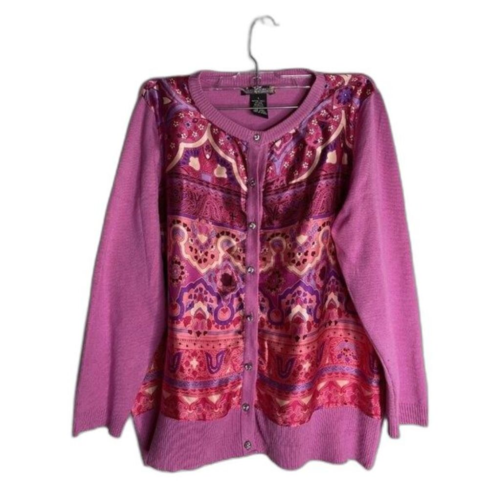 Sweaterworks Pink Print Silk Nylon Cardigan L Faux Gem Button Up Embellished